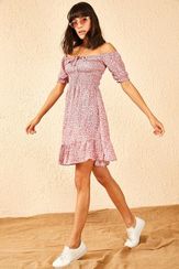 Qadın üçün sinə dekolteli, kiçik güllü don çəhrayı 10091046