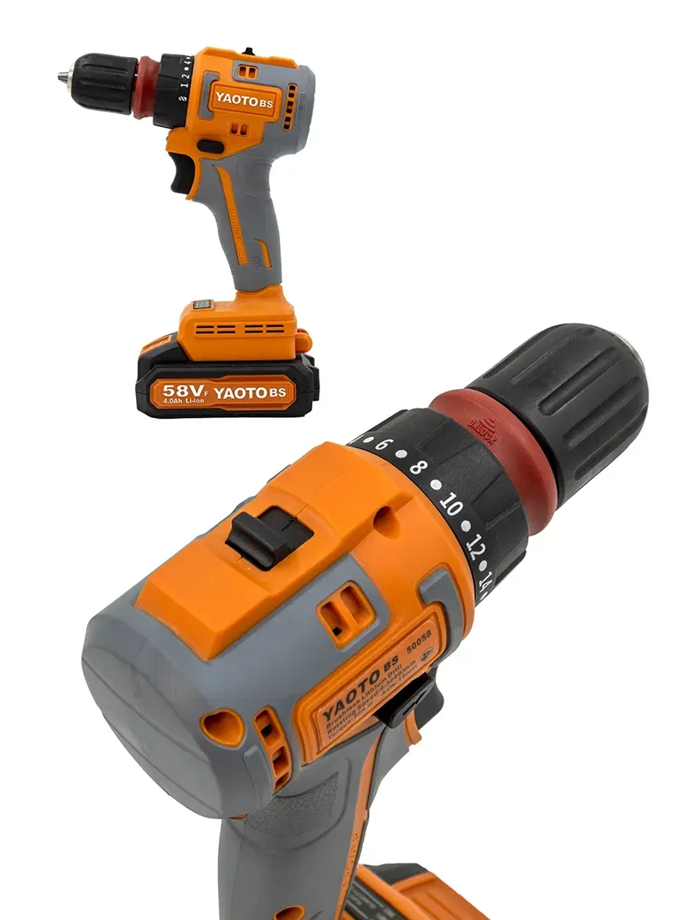 Дрель-шуруповерт трансформер YAOTO BS 58V: 4 сменных патрона, 3000 об/мин, Li-ion 4.0Ah, мощная подсветка