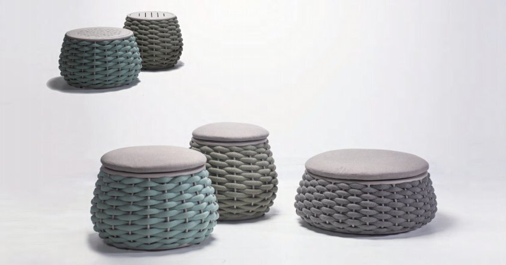 Пуф-столик плетеный с подушкой Tagliamento Pouf, зеленый, светло-серый