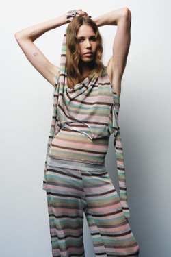 ZARA БРЮКИ В ПОЛОСКУ С МЕТАЛЛИЗИРОВАННОЙ НИТЬЮ, РАЗНОЦВЕТНЫЙ