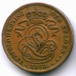 2 сантима 1902 год. Бельгия (Леопольд II). Надпись на голландском - DER BELGEN. Медь, диаметр 21.5 мм. VF-XF