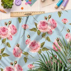 Ткань муслин нежные розы на голубом