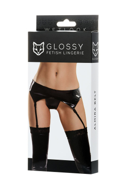 Glossy ALMIRA - Комплект из материала Wetlook (пояс с пажами для чулок и трусики), черный, S