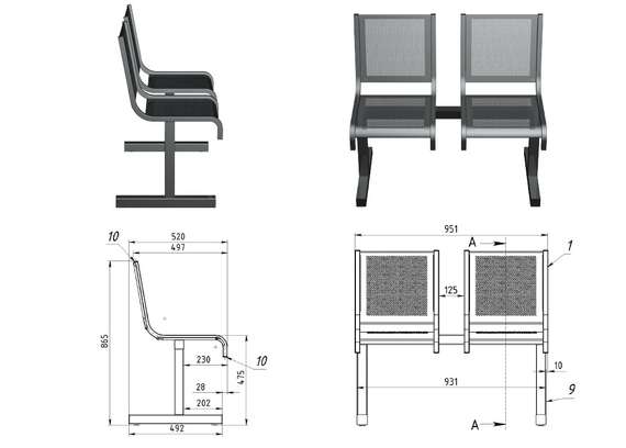 Секция стульев перфорированная двухместная неразборная на квадратной трубе без подлокотников