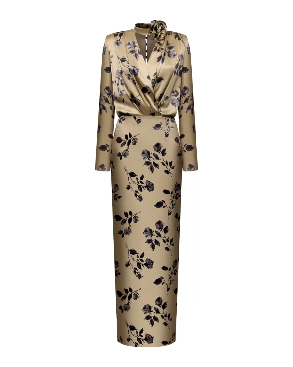 Jasmine maxi, платье макси из бежевого атласа со средним цветочным принтом