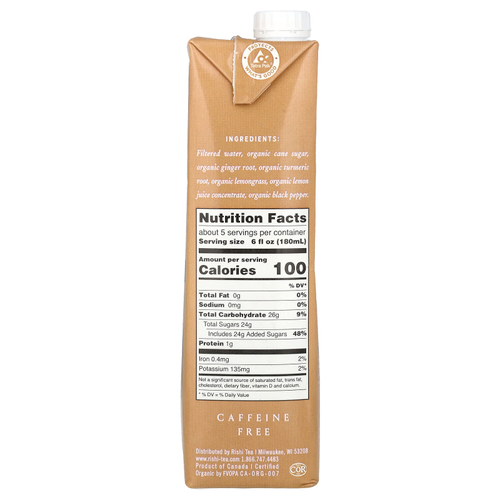 Rishi Tea, Концентрат органического чая, чай с куркумой и имбирем, без кофеина, 946 мл (32 жидк. унц.)