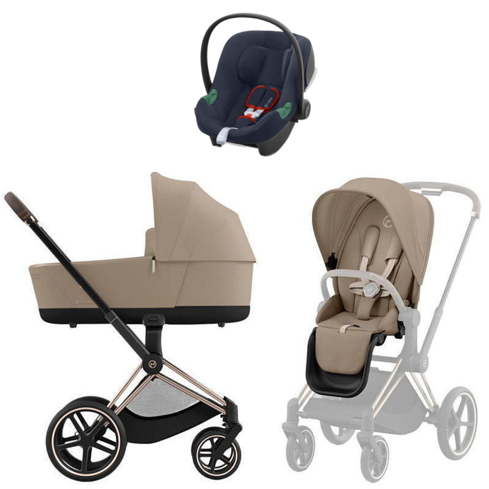 Коляска Cybex Priam IV Rosegold complete Aton B2 Bay Blue Base One 4 в 1 Cozy Beige