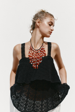 ZARA ТОП ИЗ АЖУРНОГО ТРИКОТАЖА С ВОЛАНОМ, ЧЕРНЫЙ