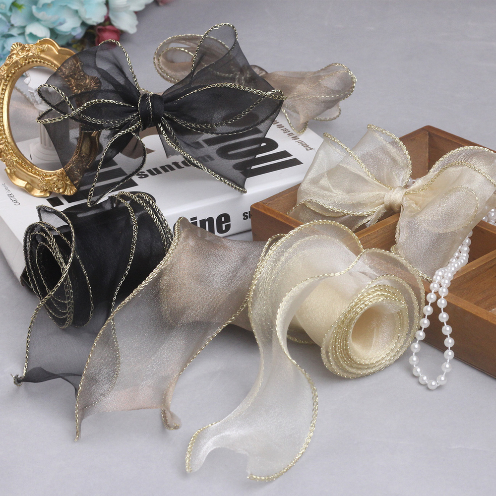 Лента декоративная (4 см*9,14 м) Органза с леской, Золотая кайма, Кремовый, 1 шт.