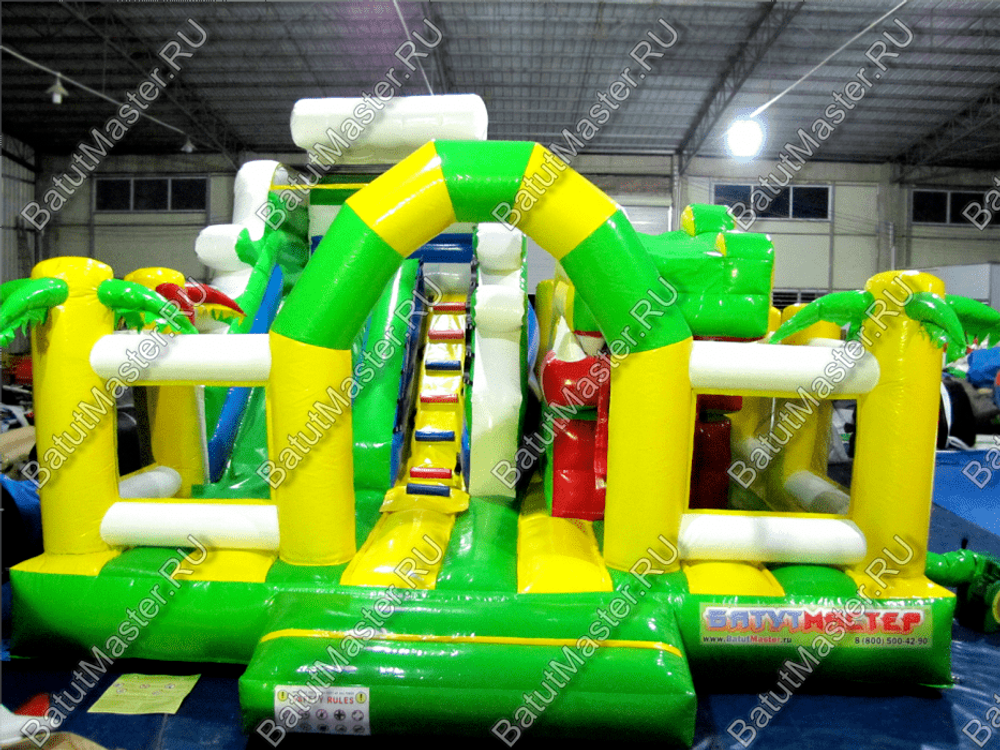 Коммерческий батут "Белый клык" желто-зелёный с механизированной головой, размер 6*6*4 м