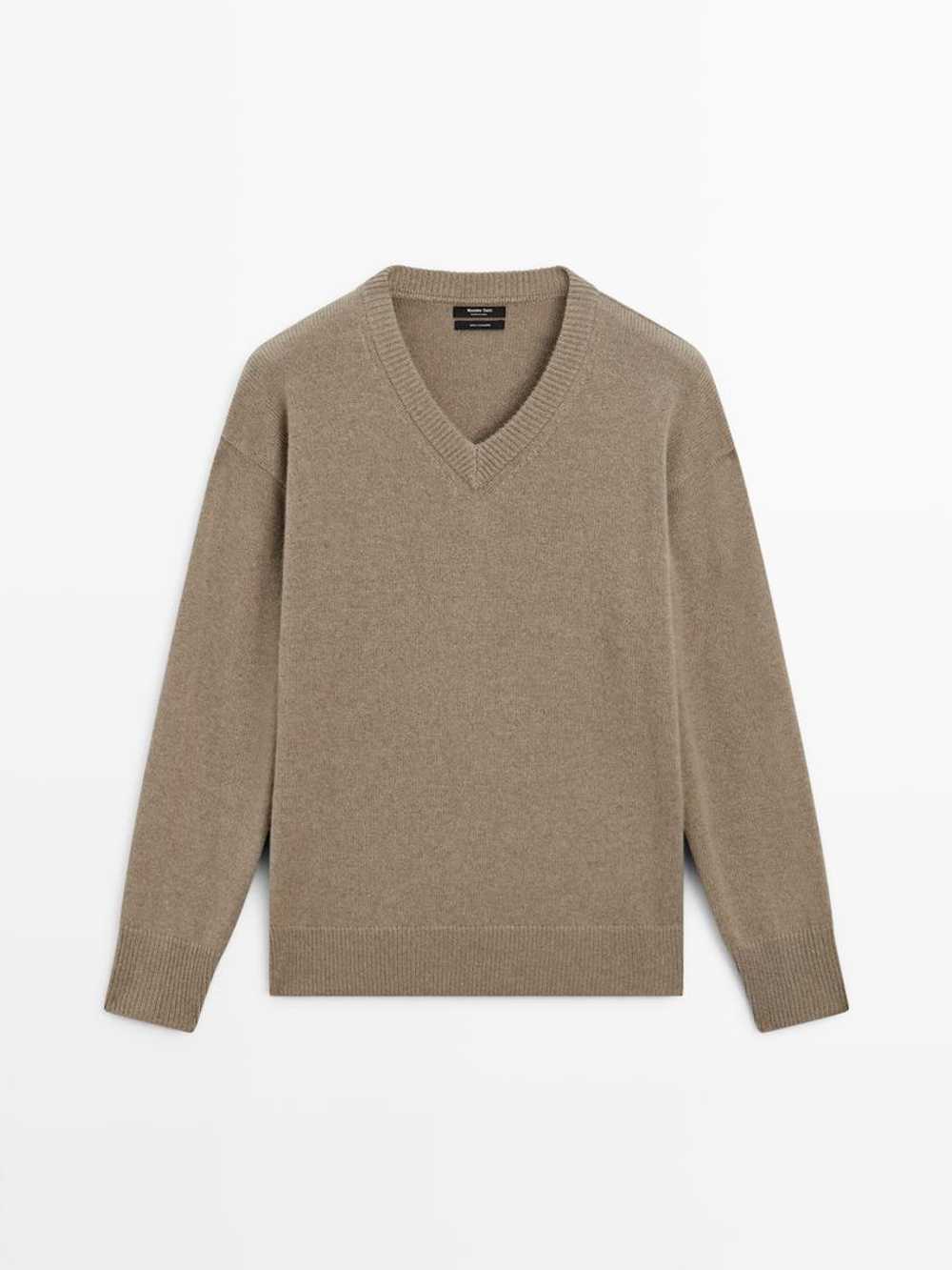 Massimo Dutti Свитер из 100% кашемира с V-образным вырезом, кротово-коричневый