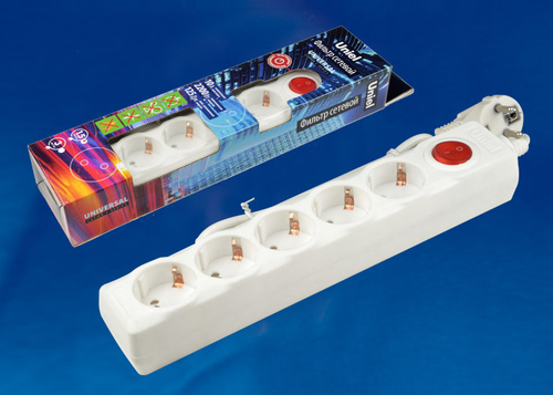 S-GSU5-1,5 WHITE Cетевой фильтр серии Universal, 1,5м (Пвс 3*0,75), 5 гнезд, с/з. 10А. Защита от перенапряжения, короткого замыкания. TM Uniel.