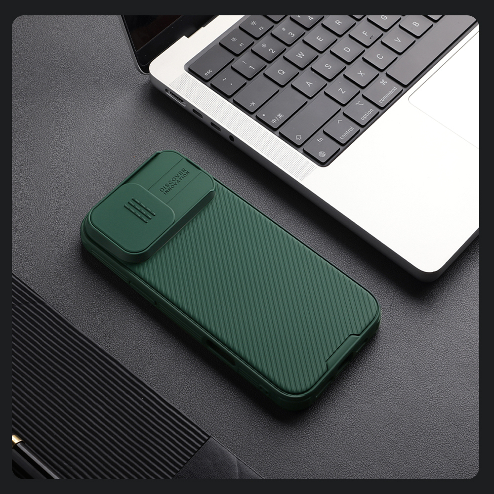 Чехол зеленого цвета (Dark Green) от Nillkin c поддержкой магнитной зарядки MagSafe для iPhone 16 Pro Max, серия CamShield Pro Magnetic