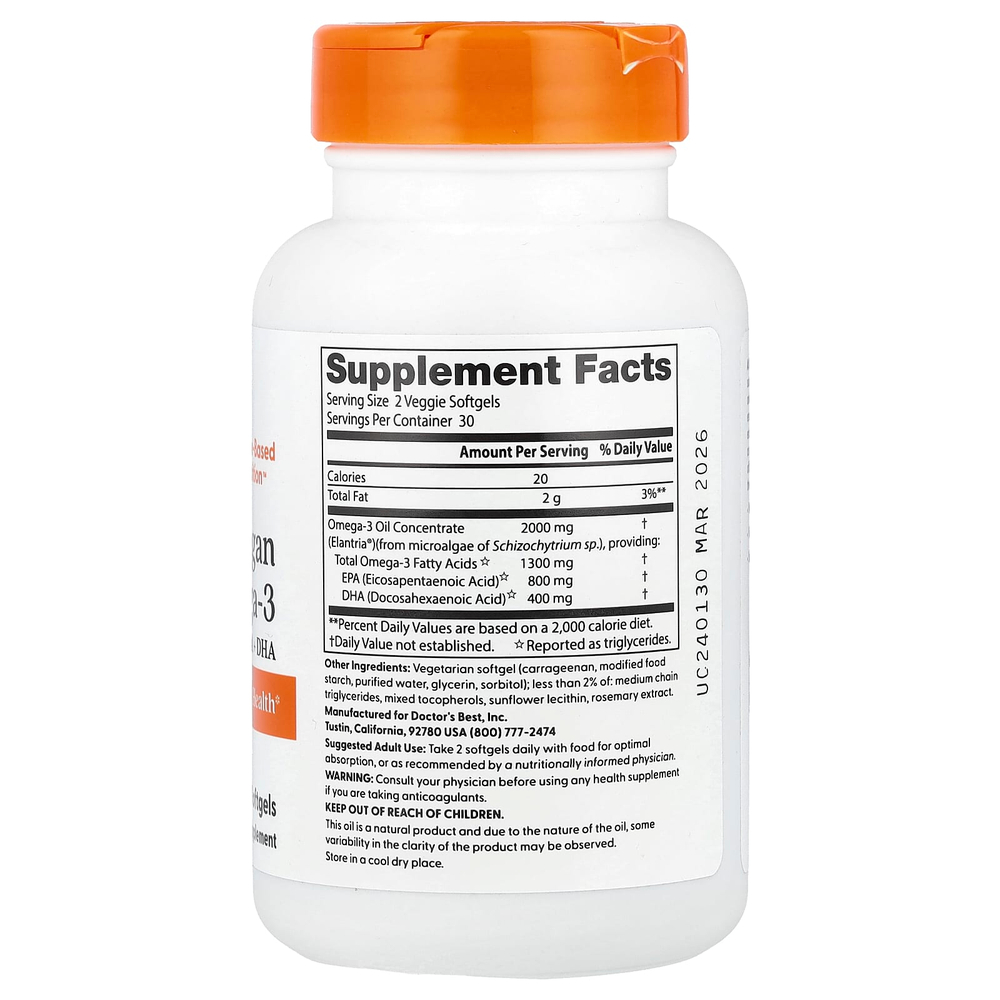 Doctor's Best, Веганские омега-3, ЭПК и ДГК, 60 растительных капсул (1000 мг в каждой капсуле)