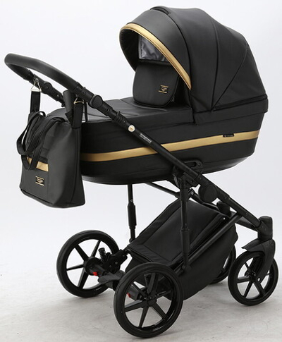 Детская коляска Adamex Rimini Deluxe 2 в 1 RI203 ЧЕРН.КОЖА+ЗОЛОТО.ОТДЕЛКА
