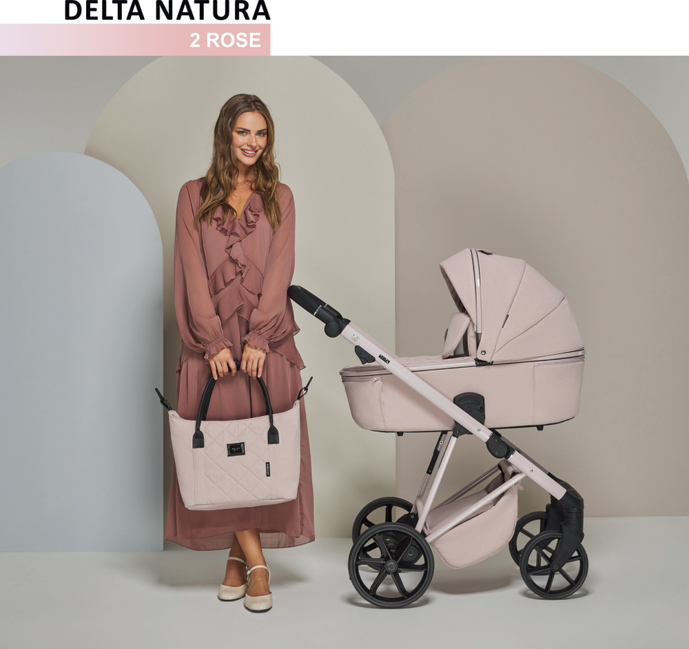 Универсальная детская коляска ADAMEX DELTA NATURA (2в1) - DN-2-ROSE (Розовая ткань-розовая рама)