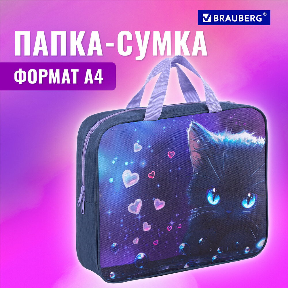 Папка на молнии с ручками BRAUBERG А4 1 отделение полиэстер 80 мм "Anime cat" (2 штуки в упаковке)