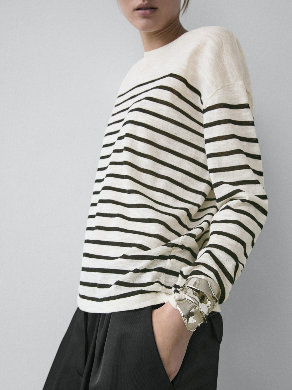 Massimo Dutti Футболка из смесового хлопка в полоску с длинными рукавами, натуральный/кремовый