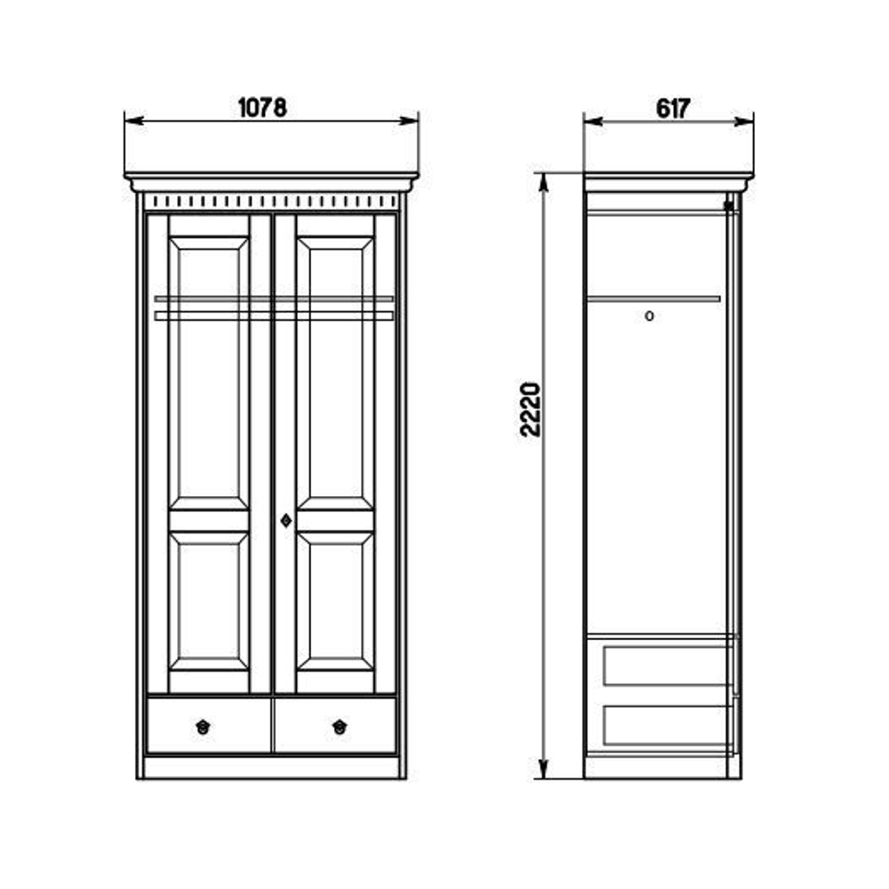 Шкаф для одежды Боцен из сосны, 2 двери 1 ящик, 108х62х222, со штангой и полкой, белый воск