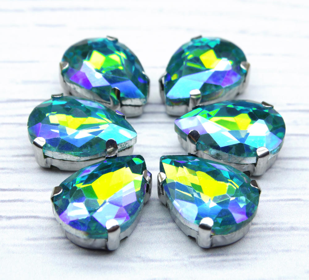 АЦ031НН1014 Хрустальные стразы формы "капля" в цапах, цвет: голубой AB, 10х14 мм, 5 шт.