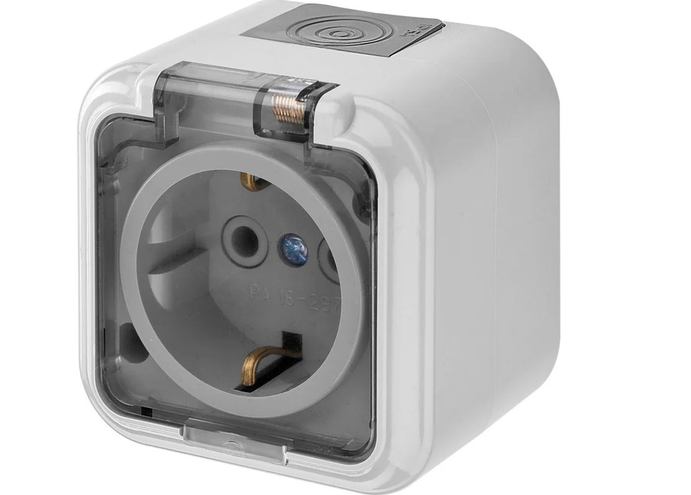 Розетка 1 местная Bylectrica ПРАЛЕСКА АКВА 16А с/з серая с прозр.крышкой IP54