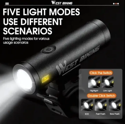 Фонарь велосипедный, передний West Biking YP0701332 (аккум. 2000 mAh, 5 режимов,USB)