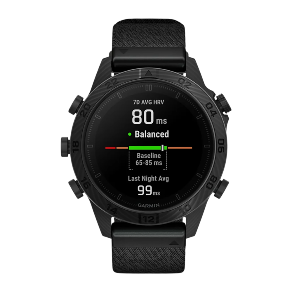 Спортивные часы Garmin MARQ Commander (Gen 2) Carbon Edition, чёрный нейлоновый ремешок, чёрный силиконовый ремешок Безель и корпус из углеродного волокна и титана, AMOLED-дисплей с куполообразным сапфировым стеклом. Нейлоновый ремешок жаккардового перепл