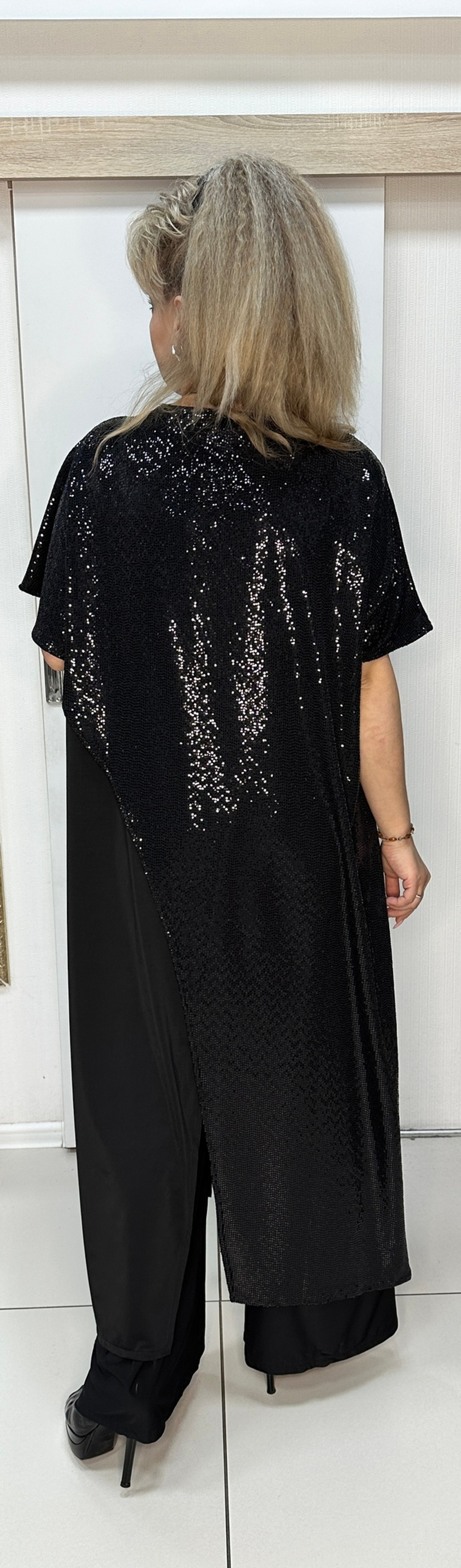 Черная нарядная двойка платье с пайетками + брюки-палаццо