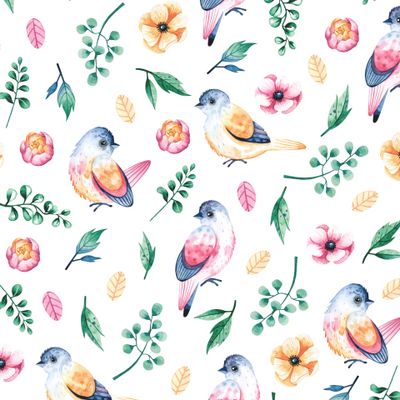 Милые птицы, анемоны и листья