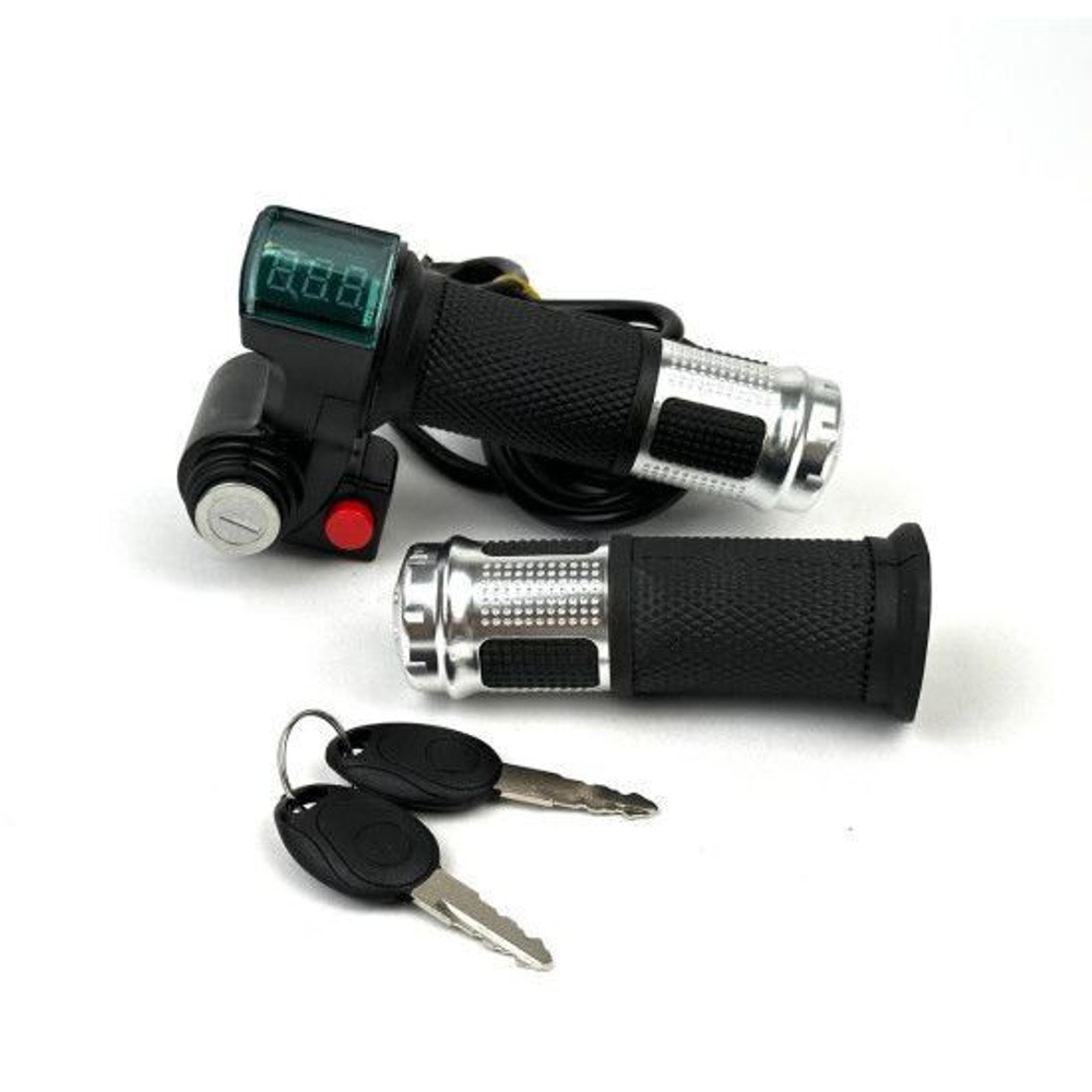 Ручка газа с вольтметром, кнопкой и замком зажигания (кабель 2м) Серебряная