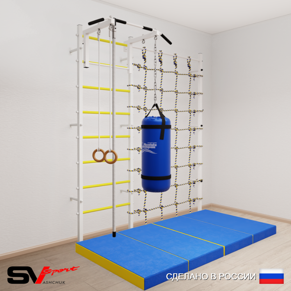 Шведская стенка Sv Sport усиленная 61370 (Турник стандарт/Канат/Кольца/Цепь/Мешок 30кг/Мат 2м/Канатный лаз)