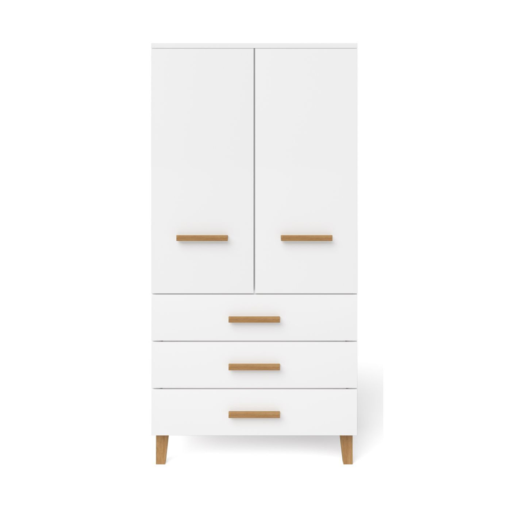 Шкаф для одежды Чек распашной белый в детскую комнату с дубовыми ручками и ножками, двухдверный