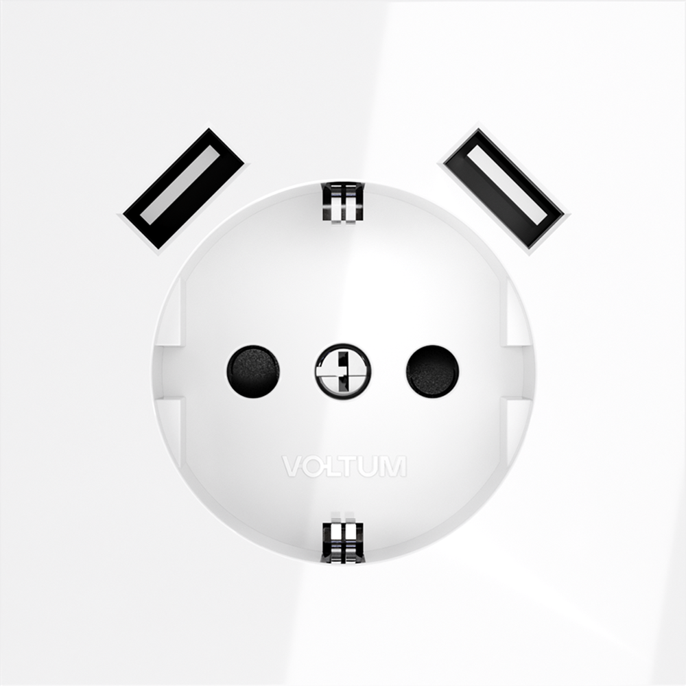 Розетка встраиваемая VOLTUM S70 с заземлением и защитными шторками, 16А, с USB, A+A, (белый глянцевы