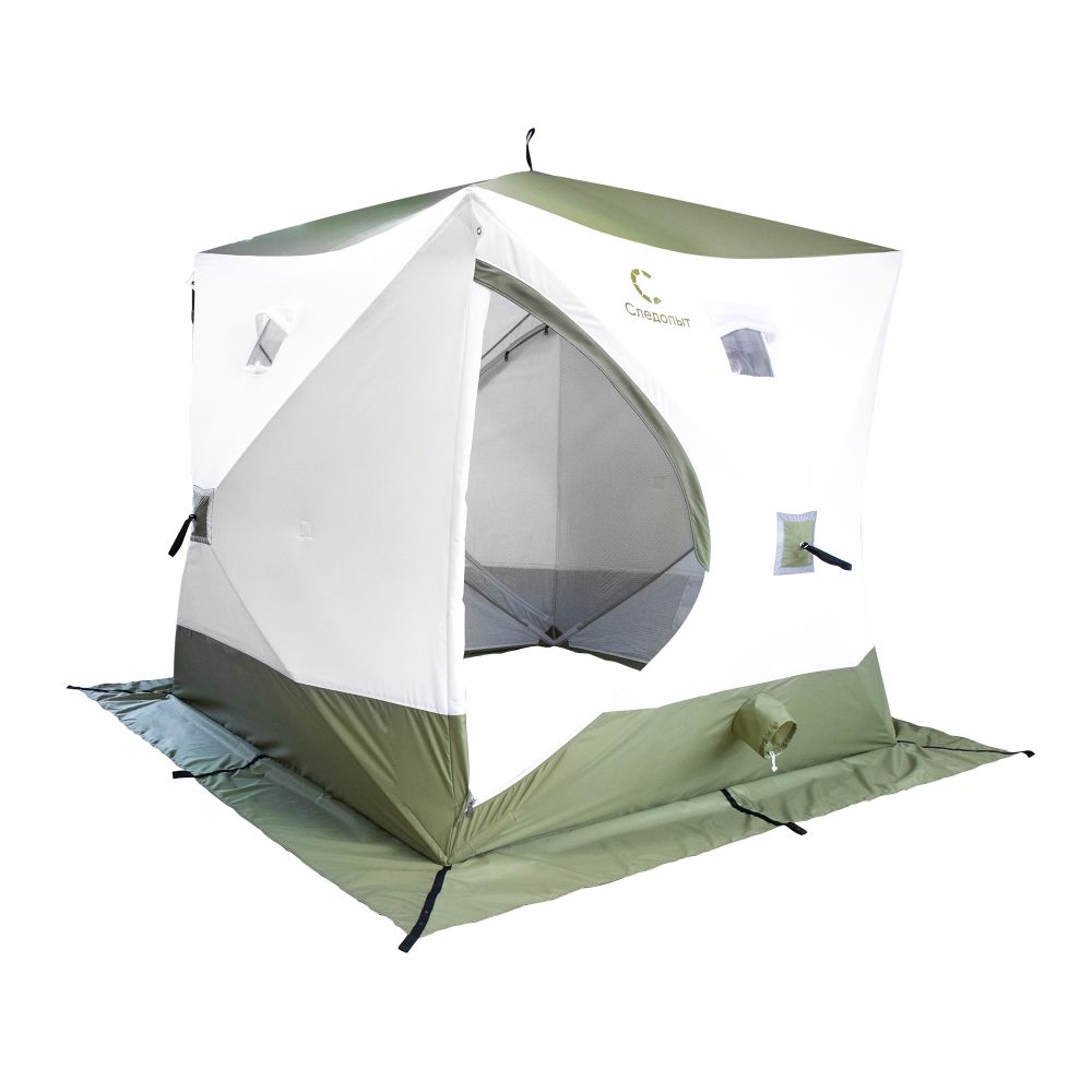 Палатка зимняя куб СЛЕДОПЫТ &quot;Premium&quot; 2,1х2,1 м, S по полу 4,4 кв.м, 3 слоя,  2 двери, цв. олив/бел