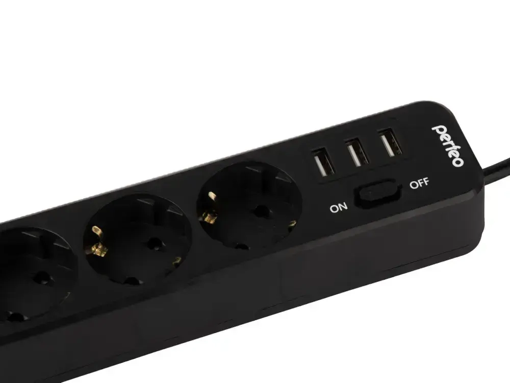 Сетевой фильтр Perfeo "POWER STREAM", 2500W, двойная защита, 2м, 3 розетки, 3 USB, черный.