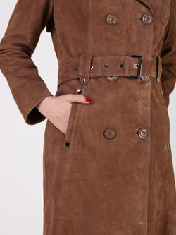 Тренч длинный кожаный с поясом плащ замшевый