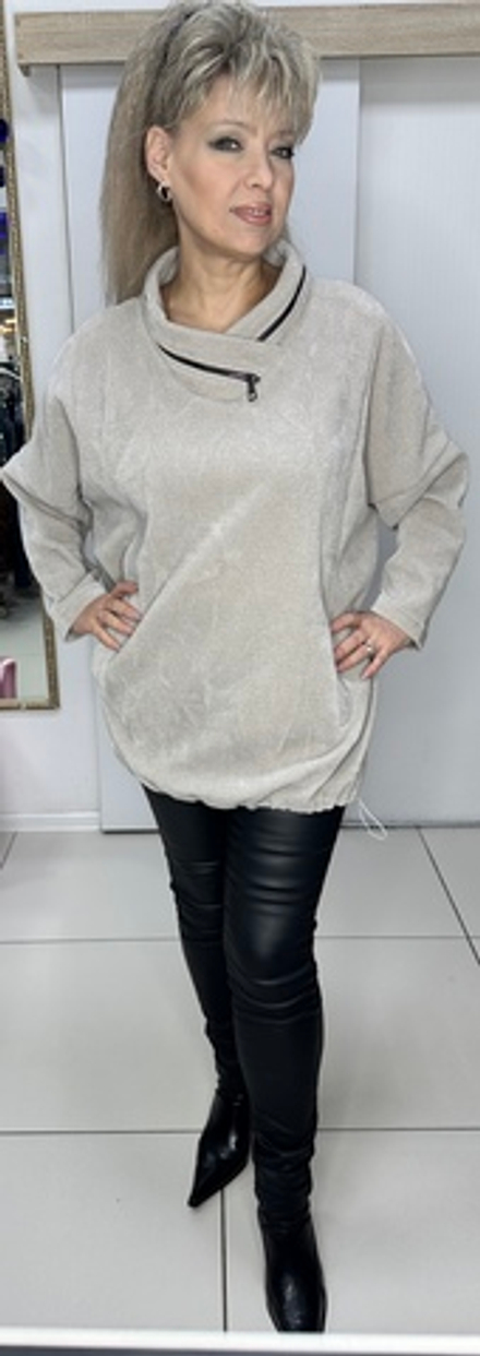 Туника-блузон из микро вельвета с молнией в хомуте