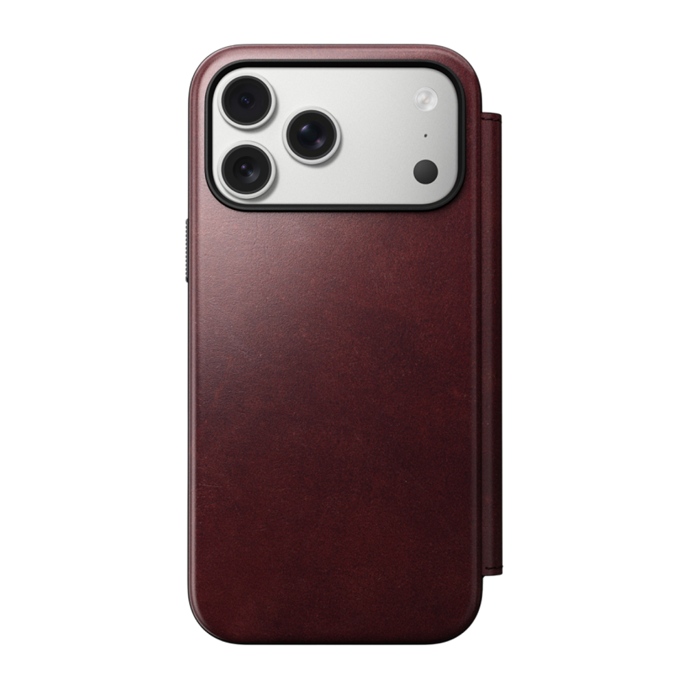 Кожаный чехол-книжка MagSafe Nomad Horween Modern Leather Folio Limited Edition для iPhone 17 Pro Max Гибридный укреплённый чехол из натуральной кожи Horween с сенсорной накладкой для Контроллера камеры. Есть отделение для купюр и встроенный картхолдер —