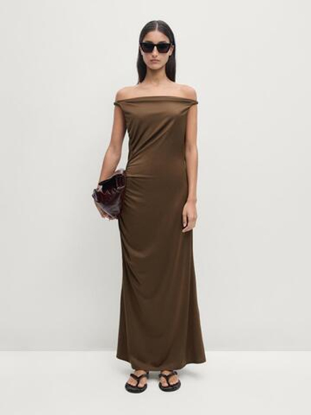 Massimo Dutti Длинное платье асимметричного кроя, темно-оливковый