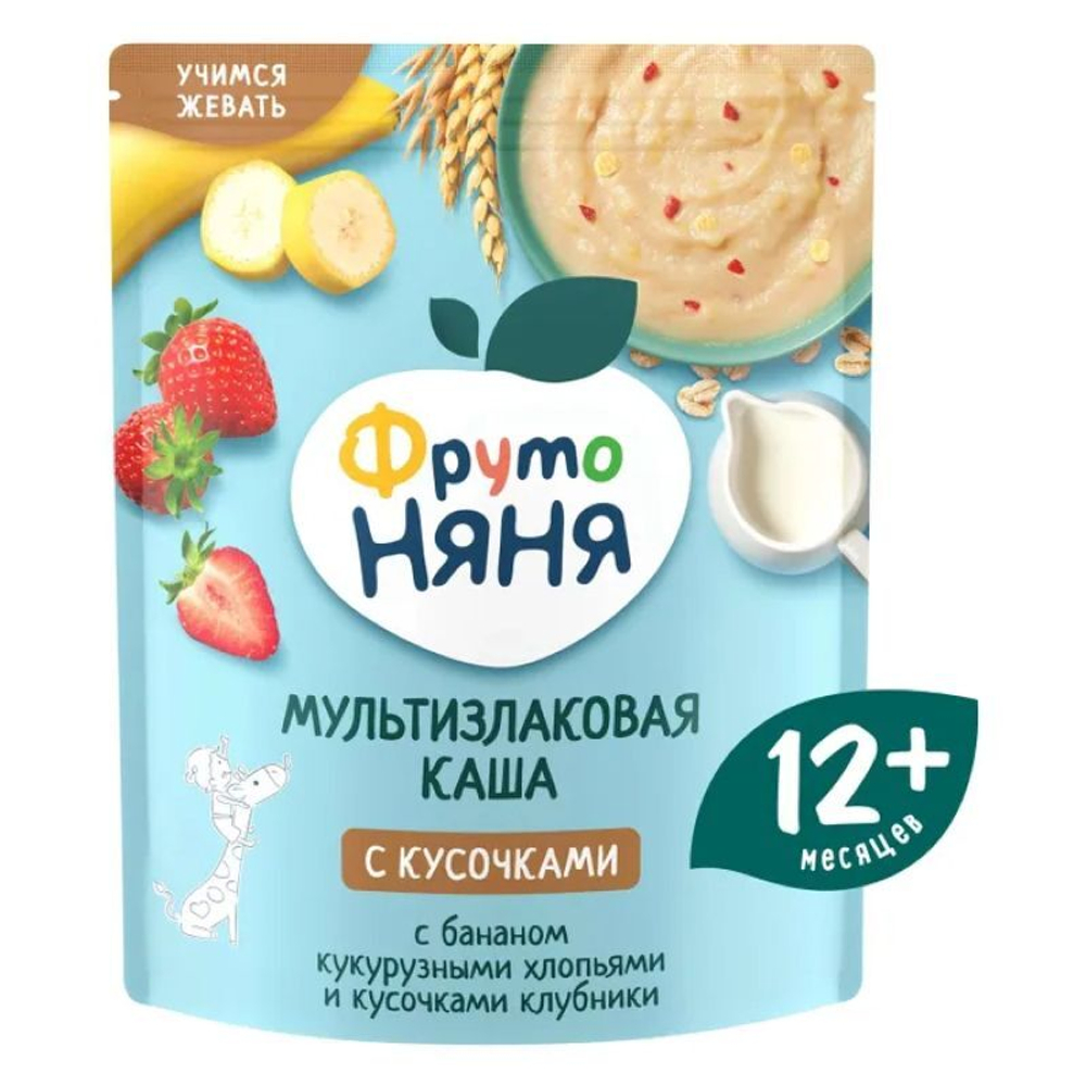 Каша ФрутоНяня молочная, мультизлаковая с бананом,кукурузными хлопьями и клубникой 200гр