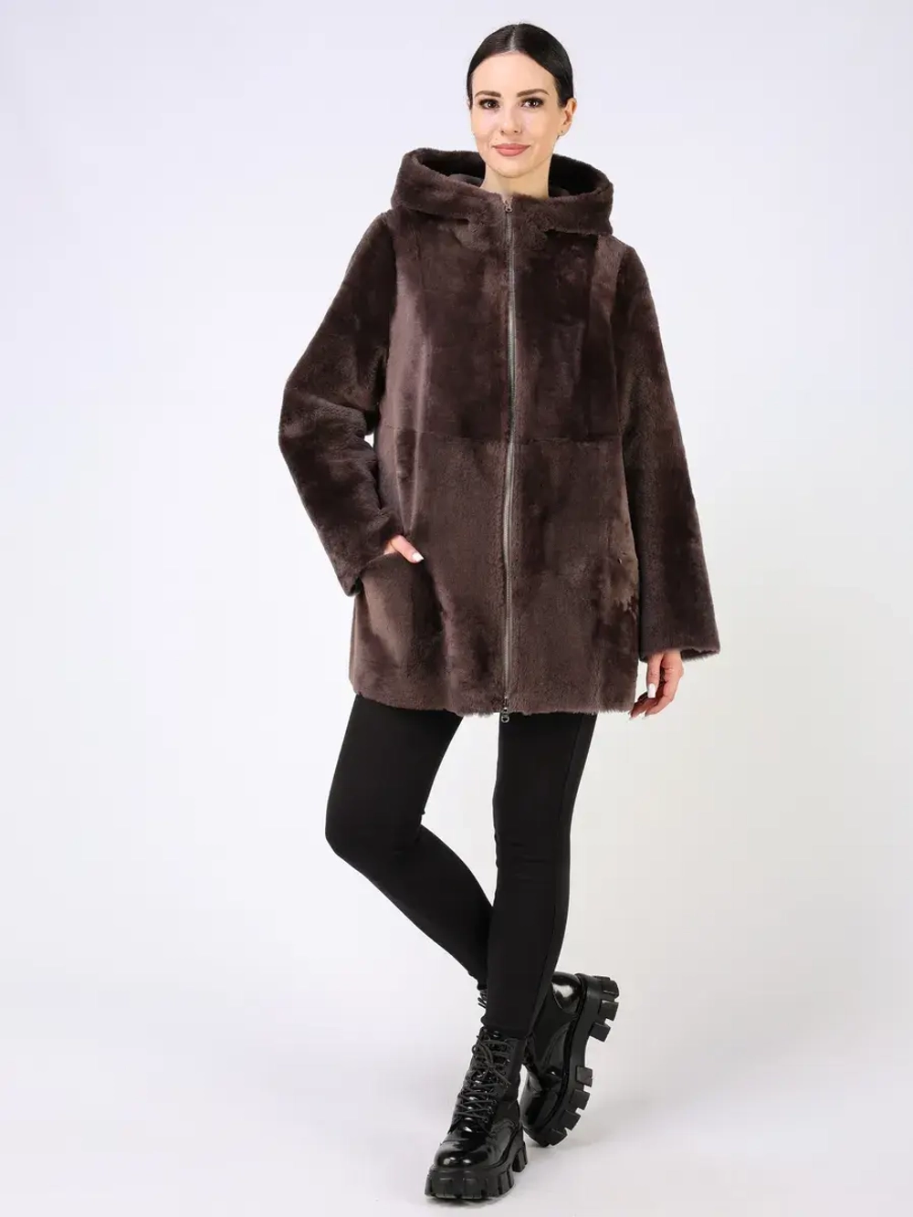 Дубленка зимняя двухсторонняя шуба с капюшоном