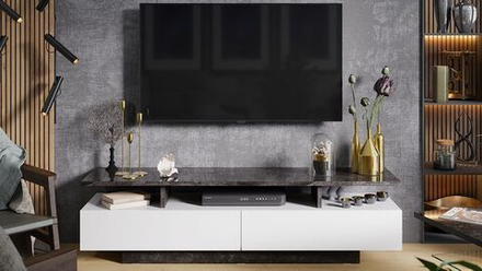 Тумба под телевизор напольная Белый/Ателье темный глянец 160х43х39 см