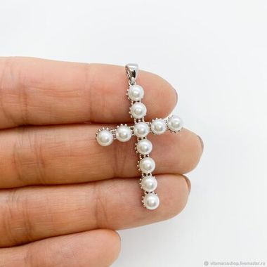 УЦЕНКА!!! Подвеска Крестик с жемчужинами 35*24 мм, родиевое покрытие, У094