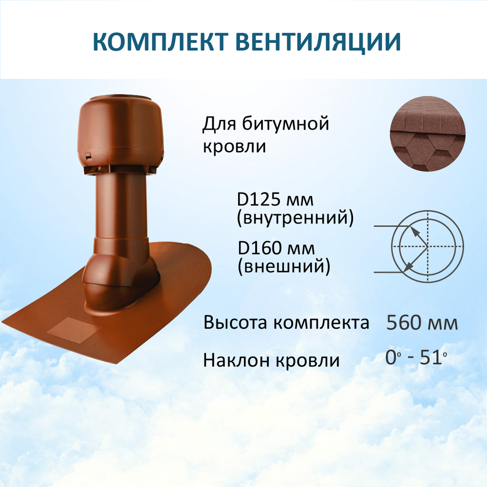 Комплект вентиляции: Вентиляционный выход изолированный D125/160 утепленный высота H=500 мм, проходной элемент для битумной кровли, колпак вентиляционный D160 мм, красный