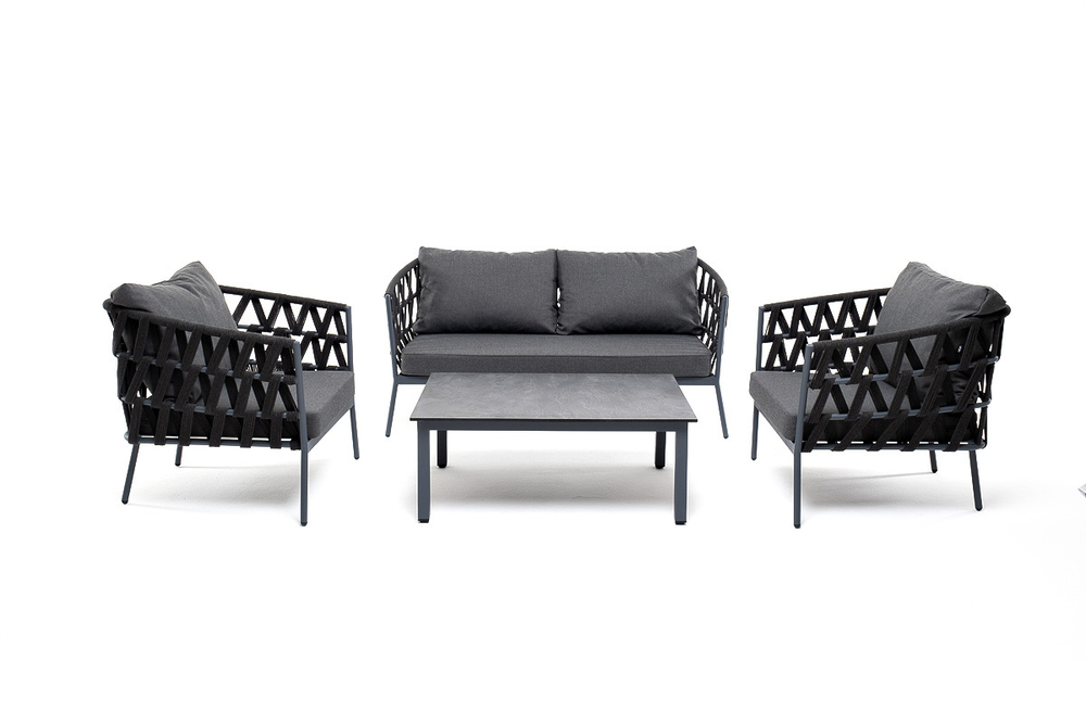 "Диего" лаунж-зона 4-местная плетеная из роупа со столиком "Канны" цвета "дуб", основание дуб, роуп бежевый