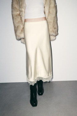 ZARA АТЛАСНАЯ ЮБКА МИДИ С КРУЖЕВОМ, СЛОНОВАЯ КОСТЬ