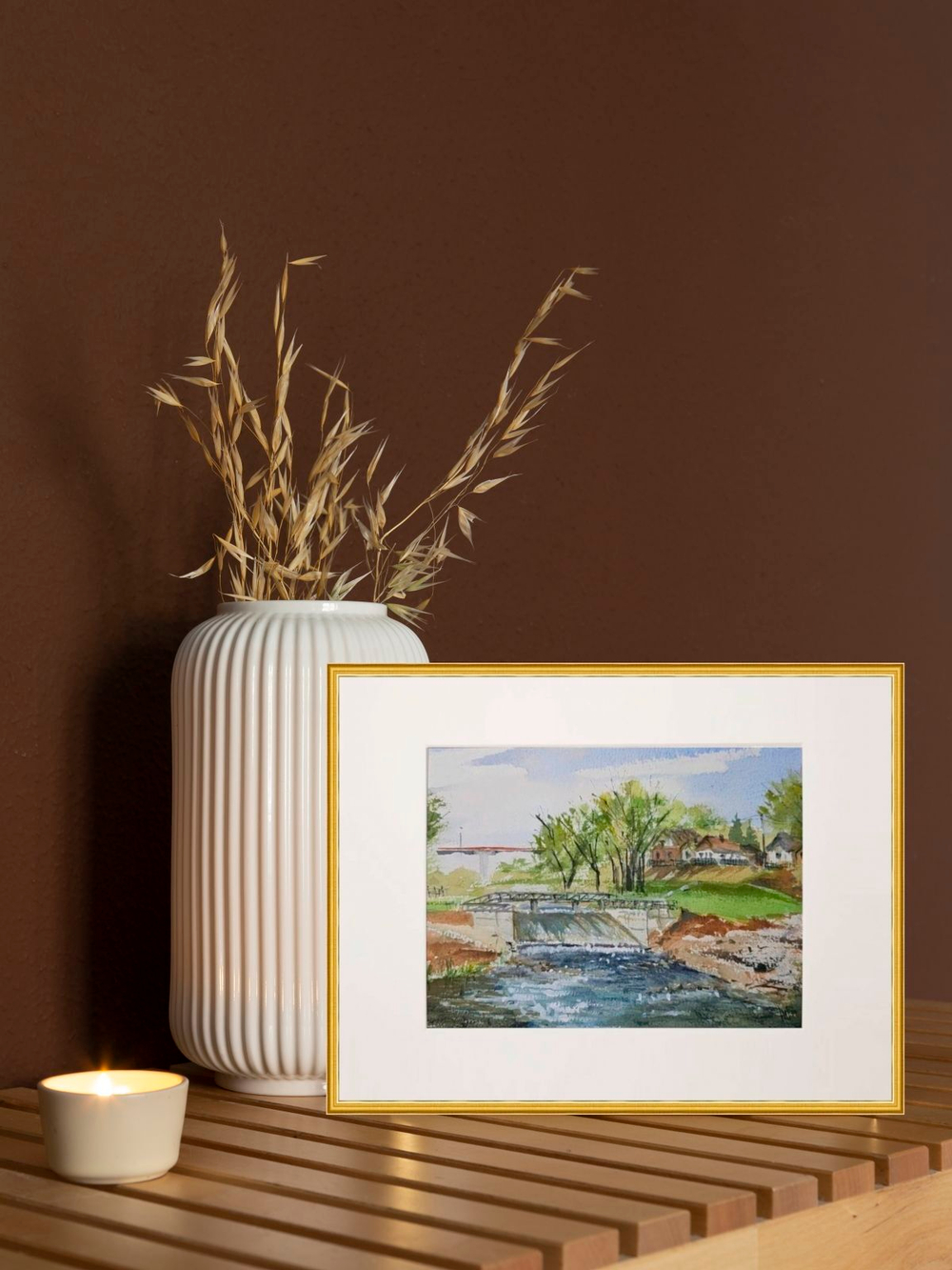 Картина авторская акварельная в паспарту 21х30 см на стену для интерьера "Водопад на реке Осетр"