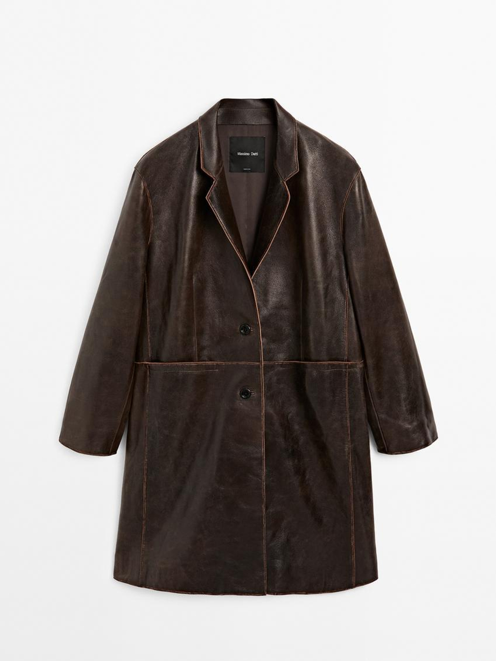 Massimo Dutti Пальто из кожи наппа с эффектом потертости, коричневый