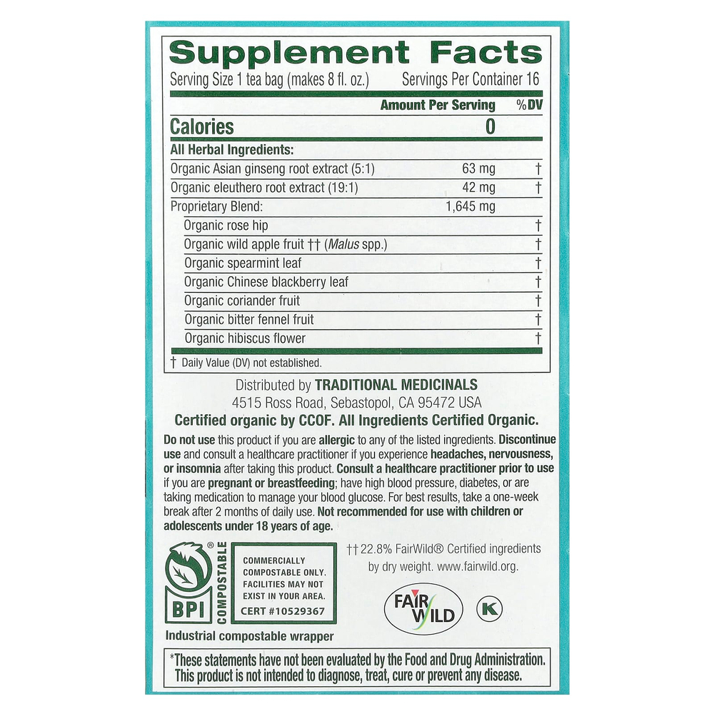 Traditional Medicinals, Organic Stress Ease® Focus, женьшень, дикое яблоко и мята, без кофеина, 16 чайных пакетиков в упаковке, 28 г (0,99 унции)