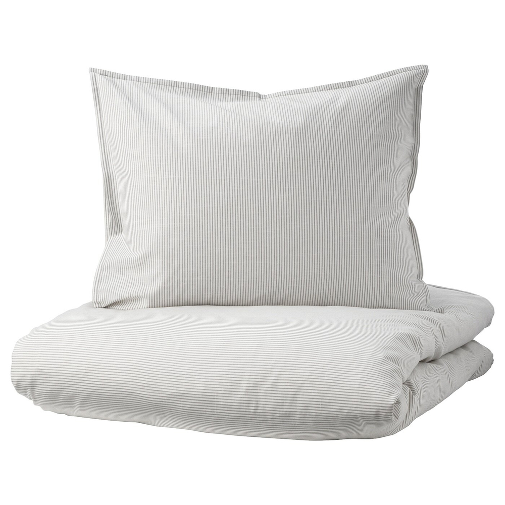 IKEA BERGPALM  (ИКЕА БЕРГПАЛМ)  -  Пододеяльник и 2 наволочки, серый/полосатый, 200x200/50x60 см